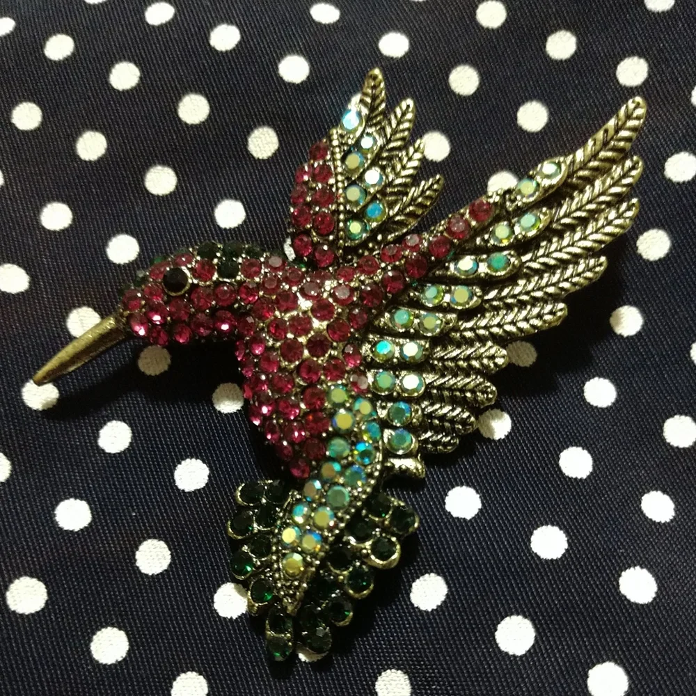 Hummingbird Deluxe Handcrafted Rhinestone Brooch Pin/Pink & Teal Vintage 3